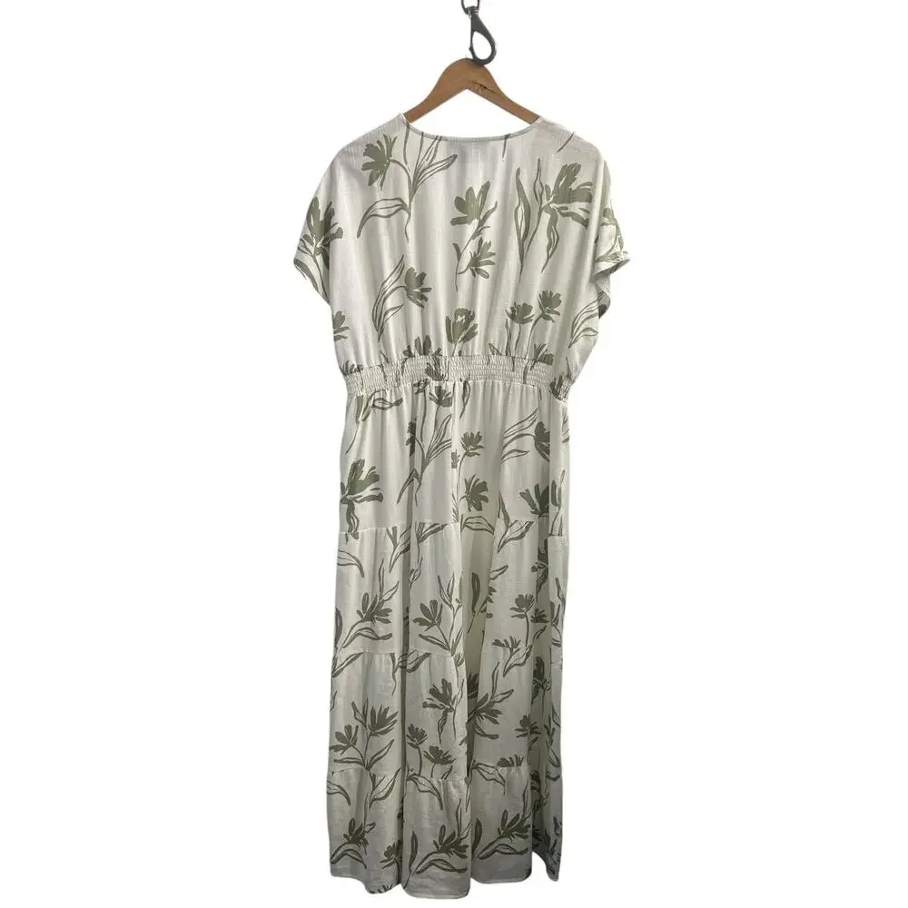White Closet Elements Linen Blend Cream Olive Green Empire Waist Maxi Dress XL - Picture 5 of 12